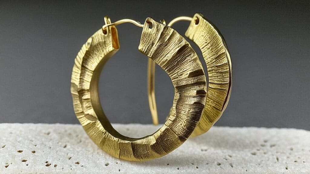 Close-up of gold hoop earrings crafted using the sandcasting technique, featuring a distinctive textured finish and an organic, handcrafted appearance.