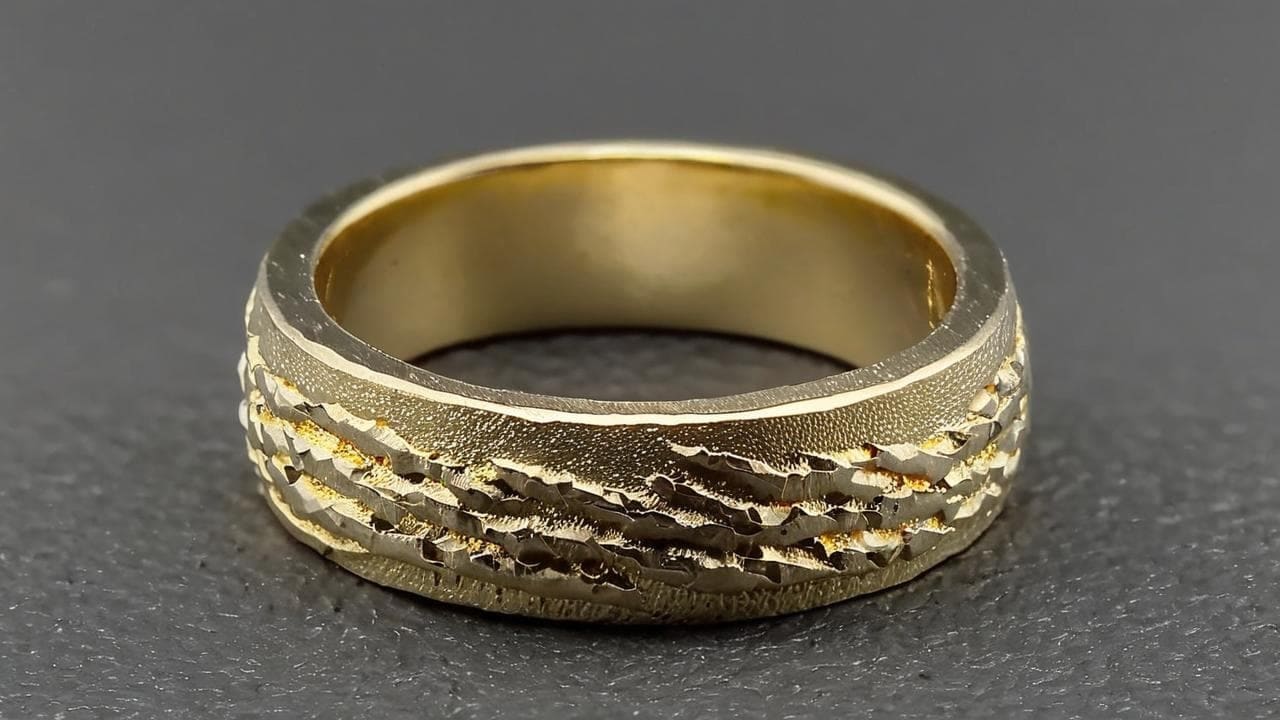 Gold band ring with rough layered sandcast texture on grey