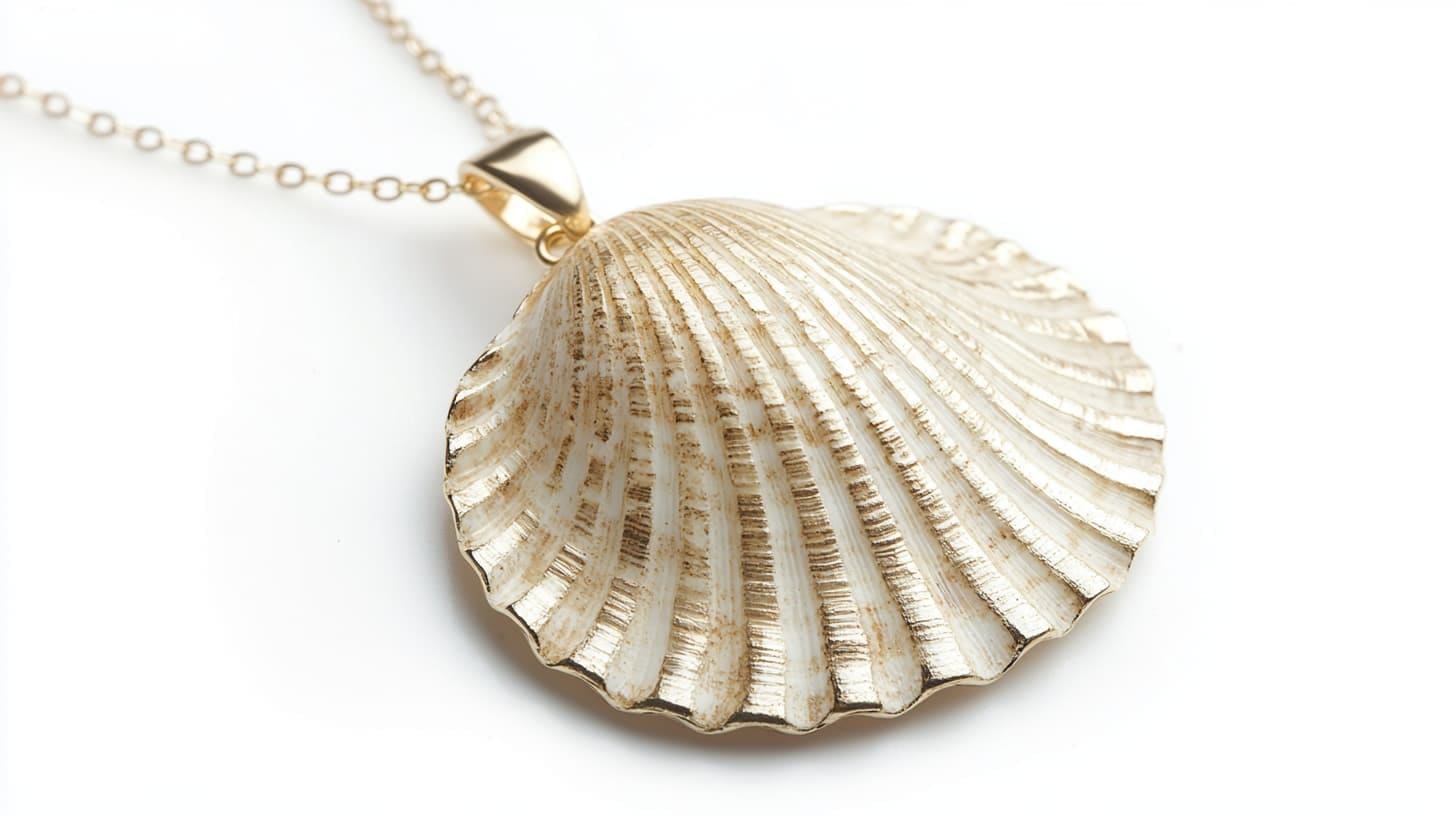 Gold-edged scallop shell pendant on a fine gold chain