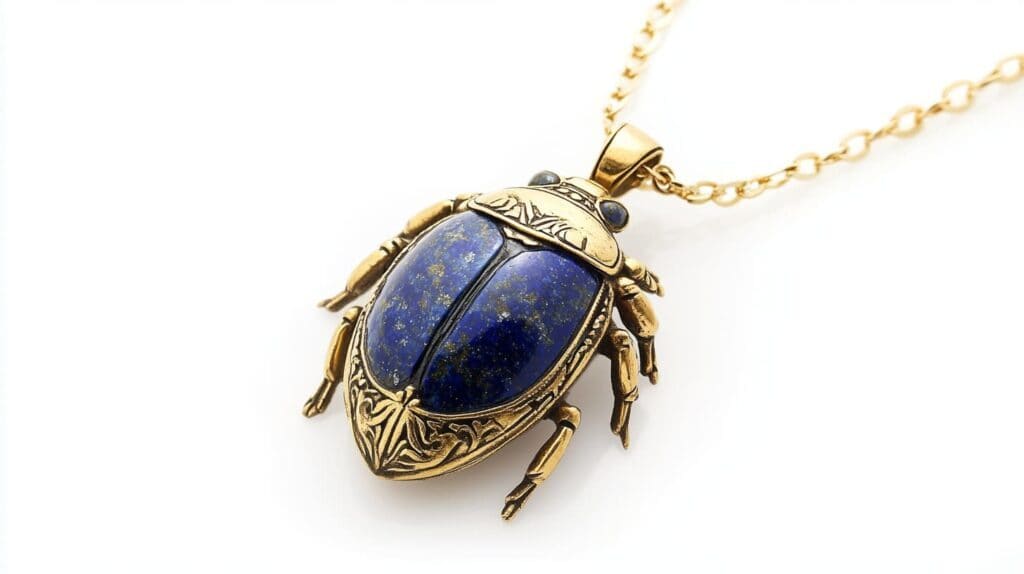 Gold scarab pendant with a vibrant lapis lazuli gemstone, representing rebirth and celestial power in ancient Egyptian symbolism.