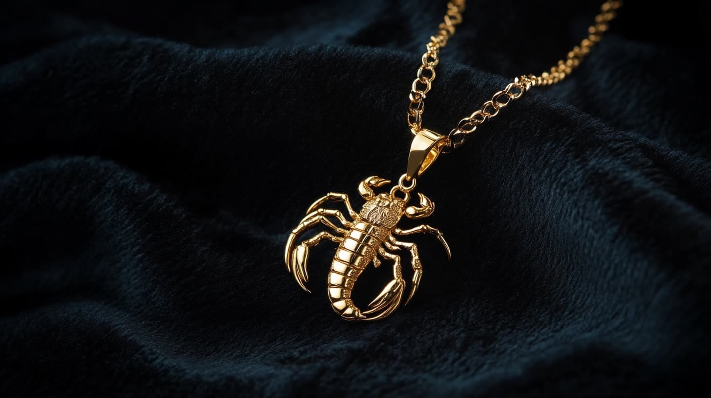 Gold scorpion pendant with raised tail and claws on dark velvet