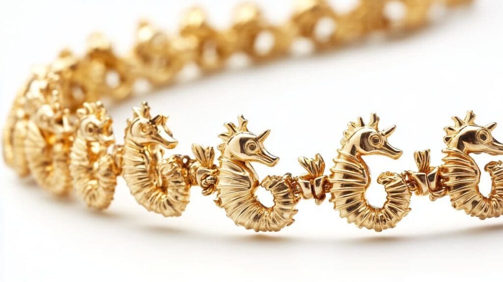 Elegant gold seahorse bracelet featuring linked seahorse motifs in a repeating chain design.