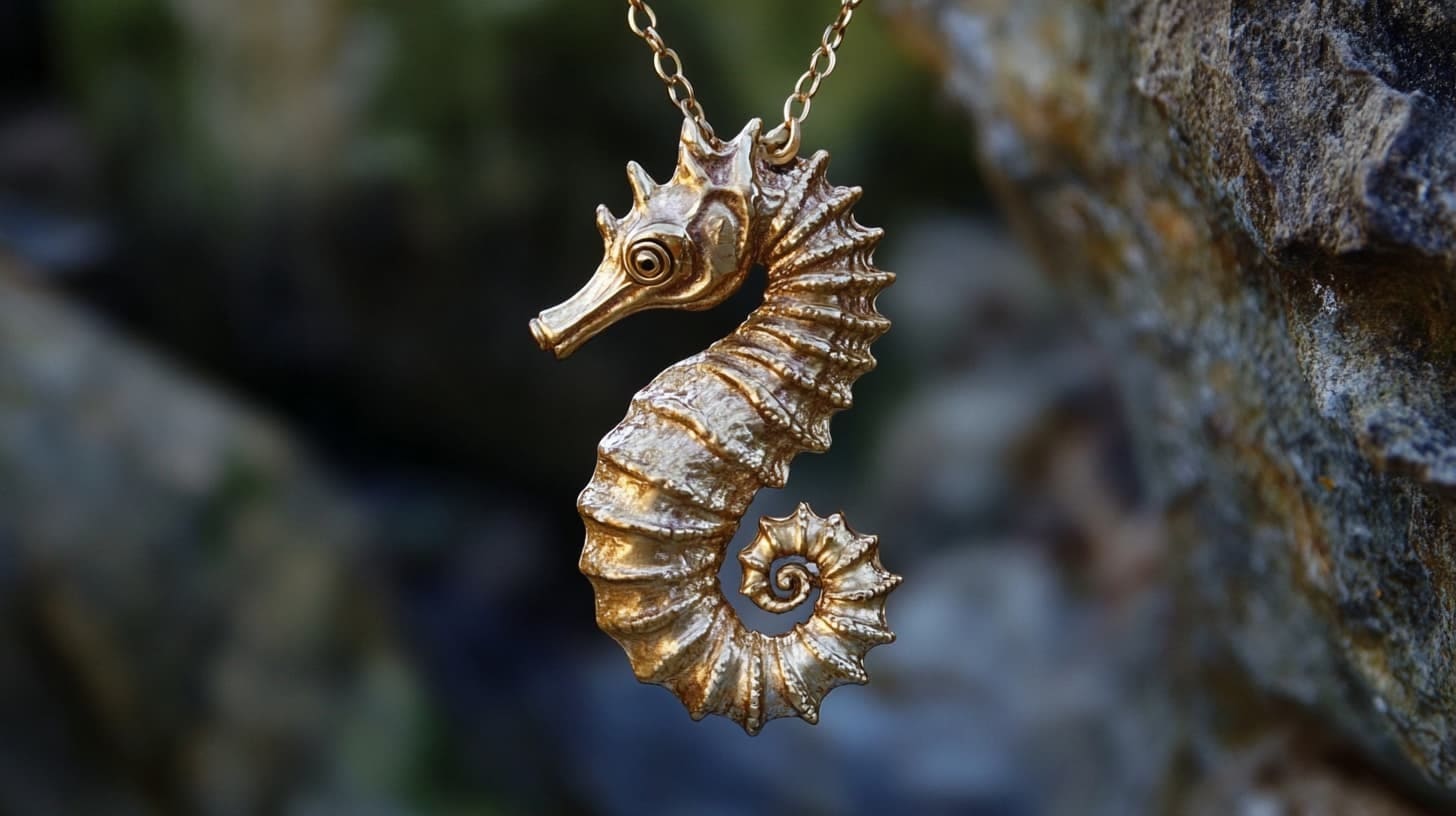 Detailed gold seahorse pendant on a chain with rocks behind
