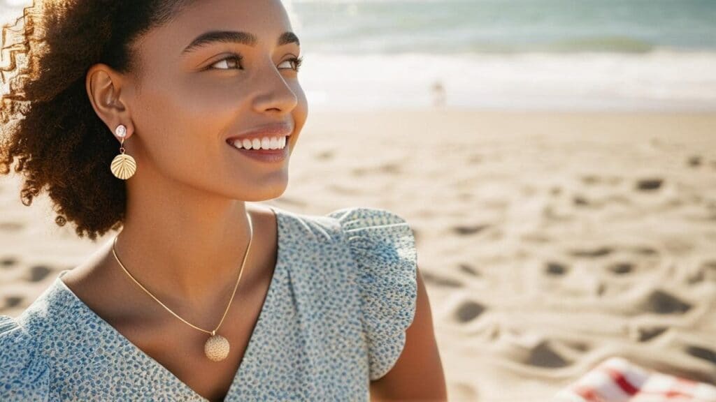 Woman wearing gold shell earrings and pendant necklace at the beach, showcasing casual summer jewelry style