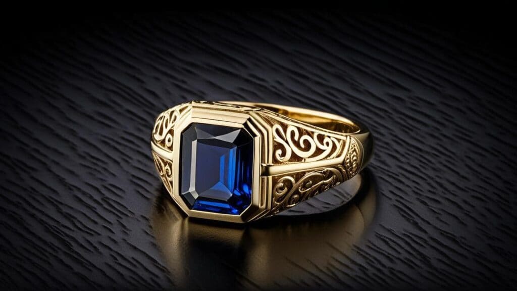 An ornate gold signet ring featuring a striking emerald-cut blue sapphire and intricate filigree engraving on the band, exuding sophistication and luxury.