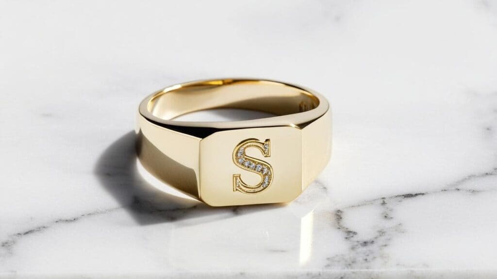 Gold signet ring with diamond-encrusted letter 'S' engraving on marble background