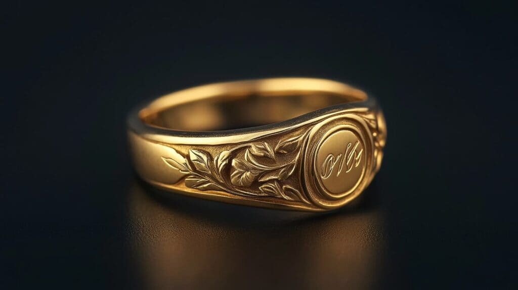 Gold signet ring with engraved initials on the centerpiece, surrounded by ornate floral detailing, showcasing a timeless and elegant design.