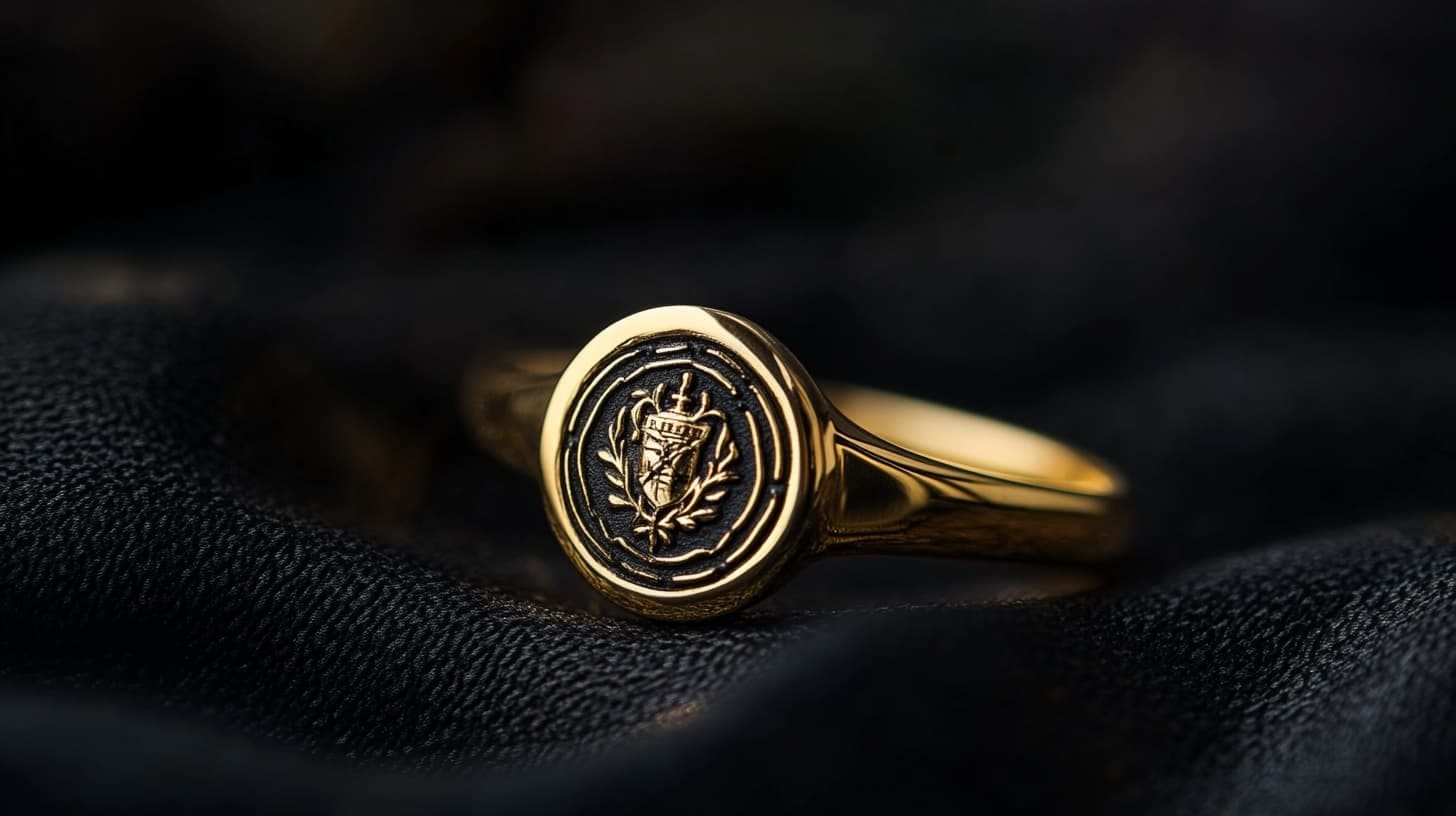 Gold signet ring engraved with a family crest on dark fabric