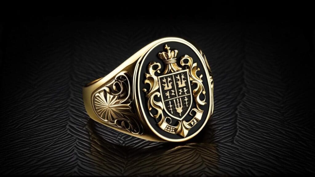 A luxurious gold signet ring featuring an intricate heraldic crest on a black onyx bezel, symbolizing family heritage and prestige.