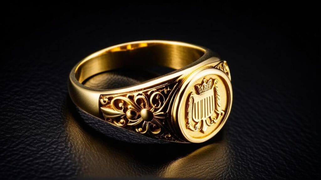 A vintage gold signet ring with engravings. Testing gold jewelry prevents paying for misrepresented purity.