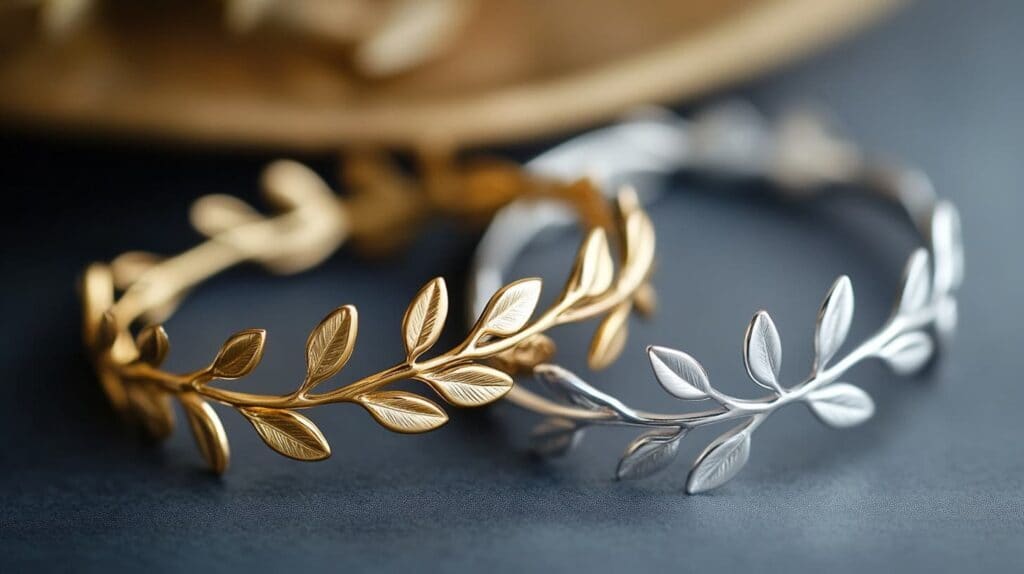 Gold and silver olive branch bracelets, symbolizing peace, unity, and elegance in jewelry.