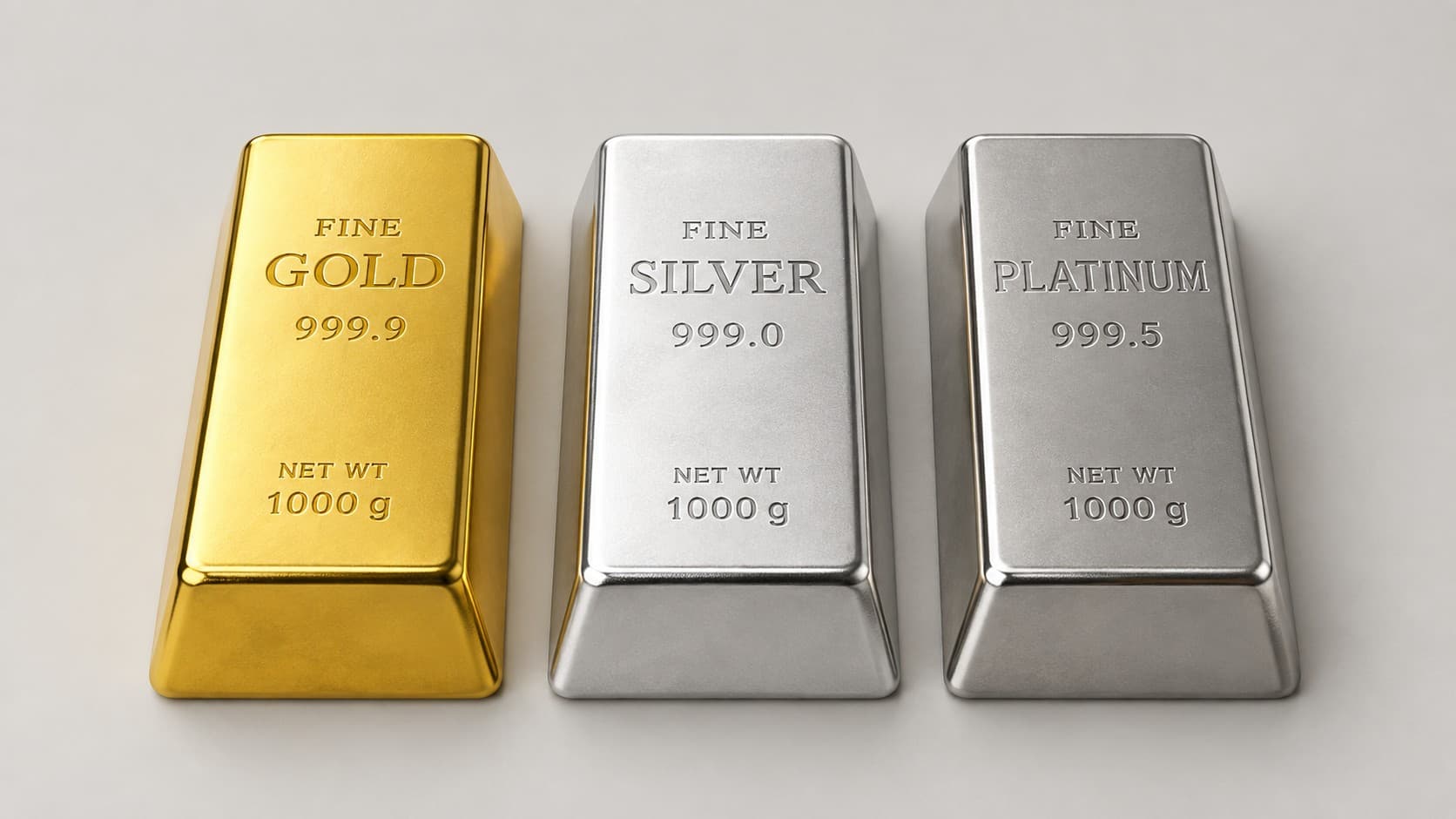 Fine gold, silver, and platinum bars side by side, comparing the three precious metals used in jewelry