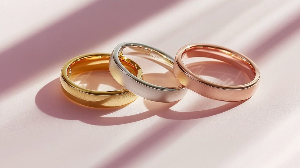 Three anniversary rings in gold, silver, and rose gold, showcasing symbolic and timeless designs for marking marriage milestones.
