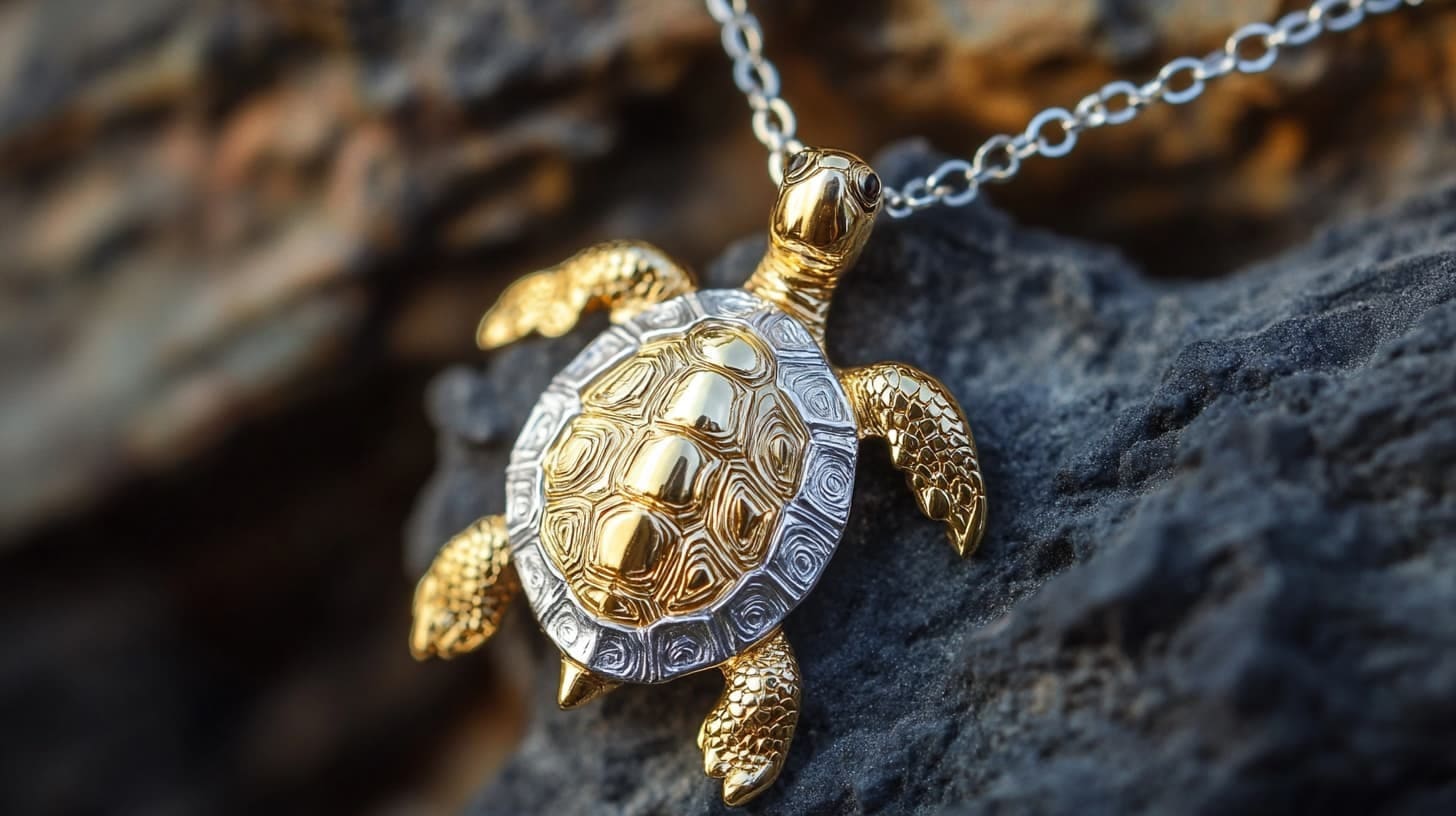 Two-tone gold and silver sea turtle pendant on a chain against dark rock