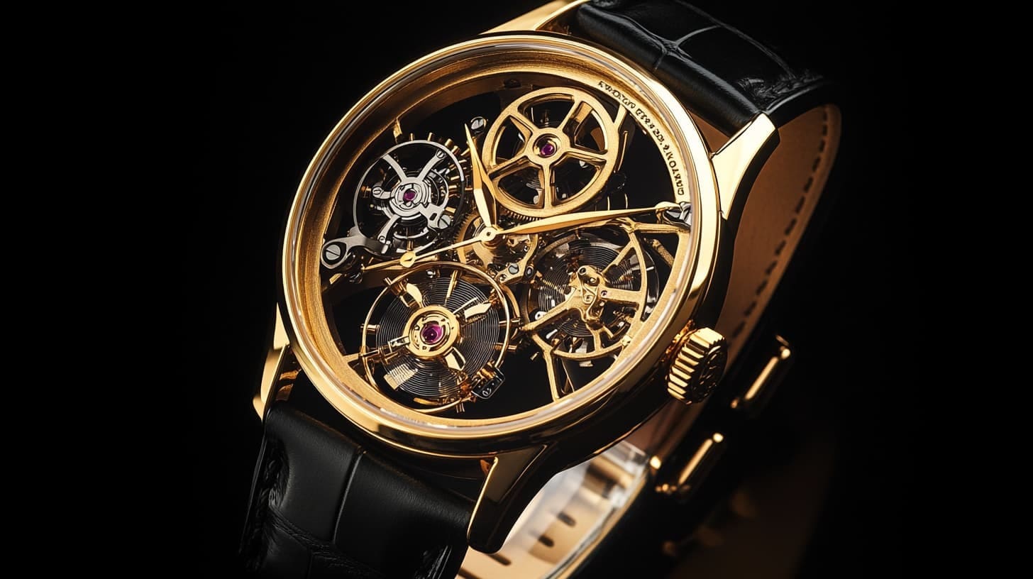 Gold skeleton watch with exposed gears, ruby jewels and black leather strap