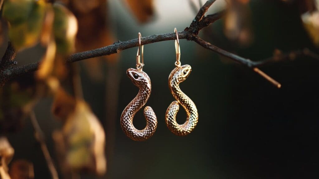 Close-up of gold snake-shaped earrings hanging on a branch, highlighting detailed craftsmanship.