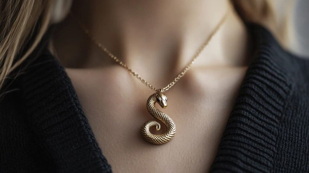 Close-up of a gold snake pendant necklace worn around the neck, featuring detailed scales and a coiled design.