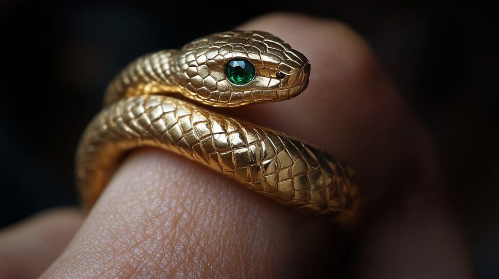 Gold snake ring with an emerald gemstone eye, wrapped around a finger, showcasing intricate scales and design.