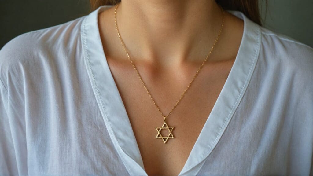 A woman wearing a gold Star of David necklace with a fine chain, elegantly paired with a white blouse, representing Jewish identity and faith.