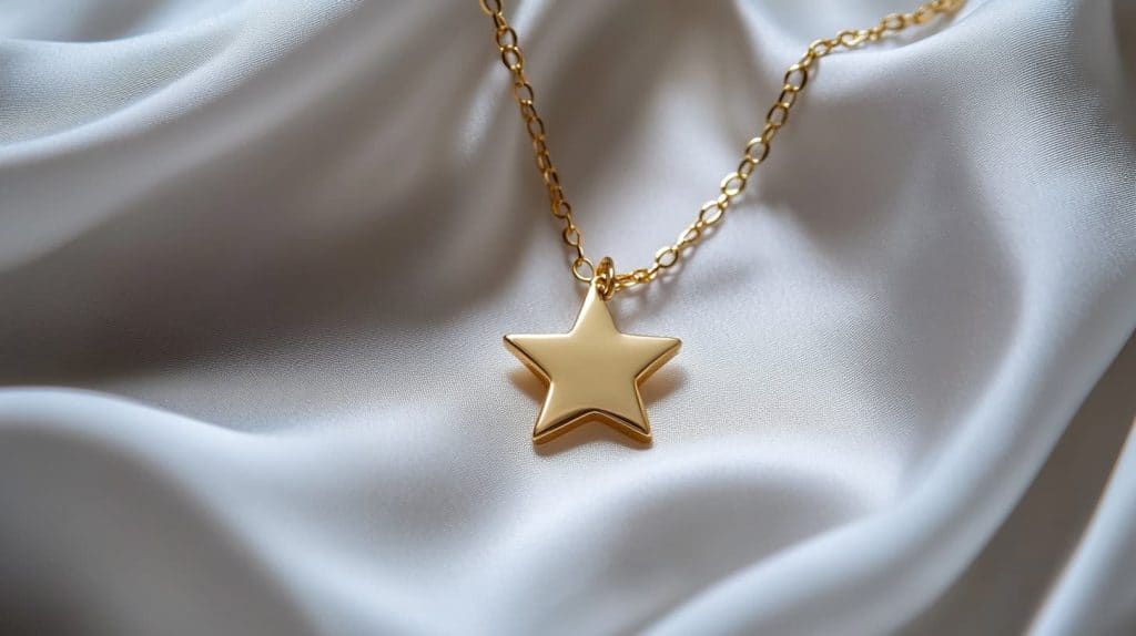 A simple gold star pendant necklace with a minimalist design, elegantly displayed on soft white fabric, showcasing its timeless style.