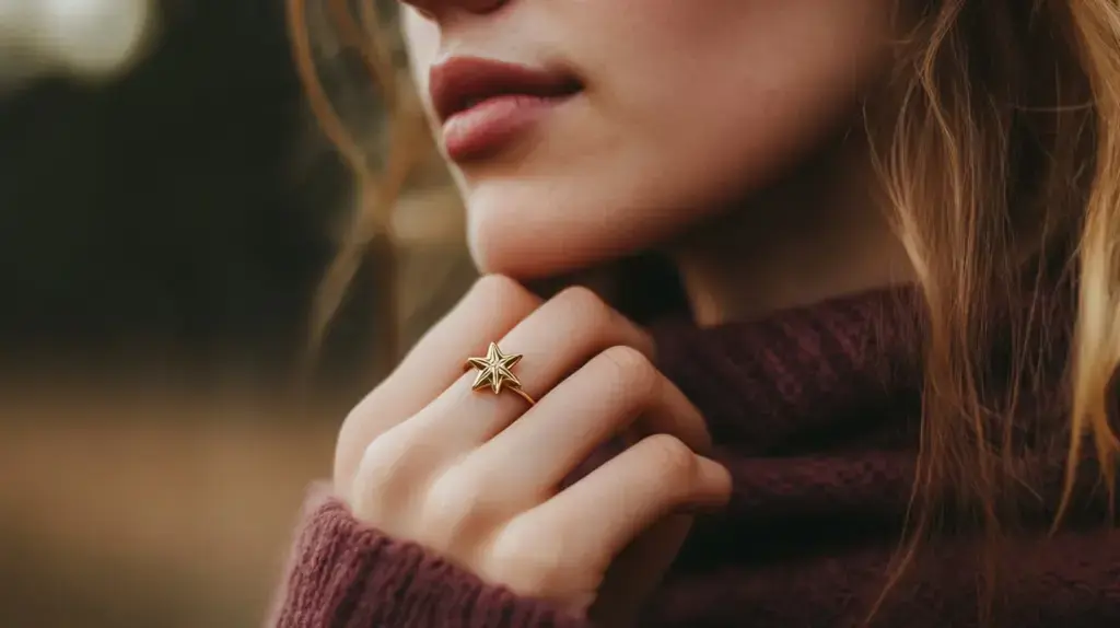 Close-up of a gold star-shaped ring, blending modern design with celestial symbolism of personal growth and aspirations.