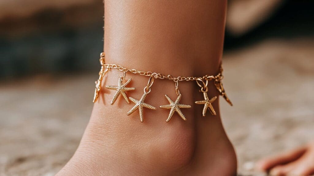 Gold starfish anklet on ankle, perfect for a beach-inspired look