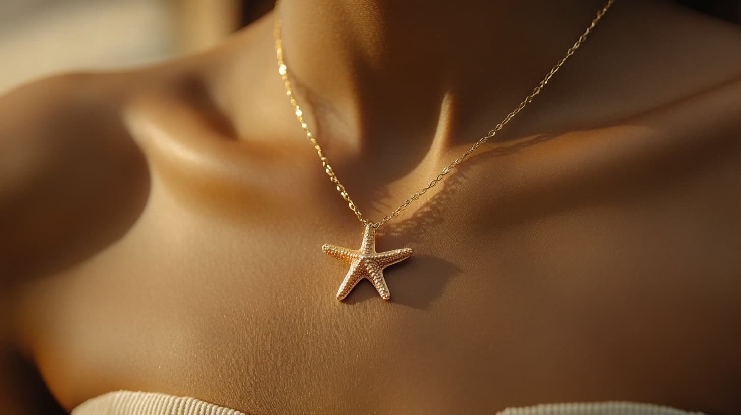 Gold starfish pendant on a fine chain worn at the collarbone in warm light