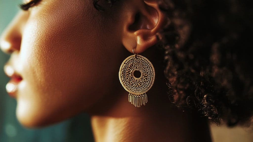 Close-up of large gold statement earrings with a round filigree design, measuring approximately 40mm in diameter, offering a bold yet elegant style.