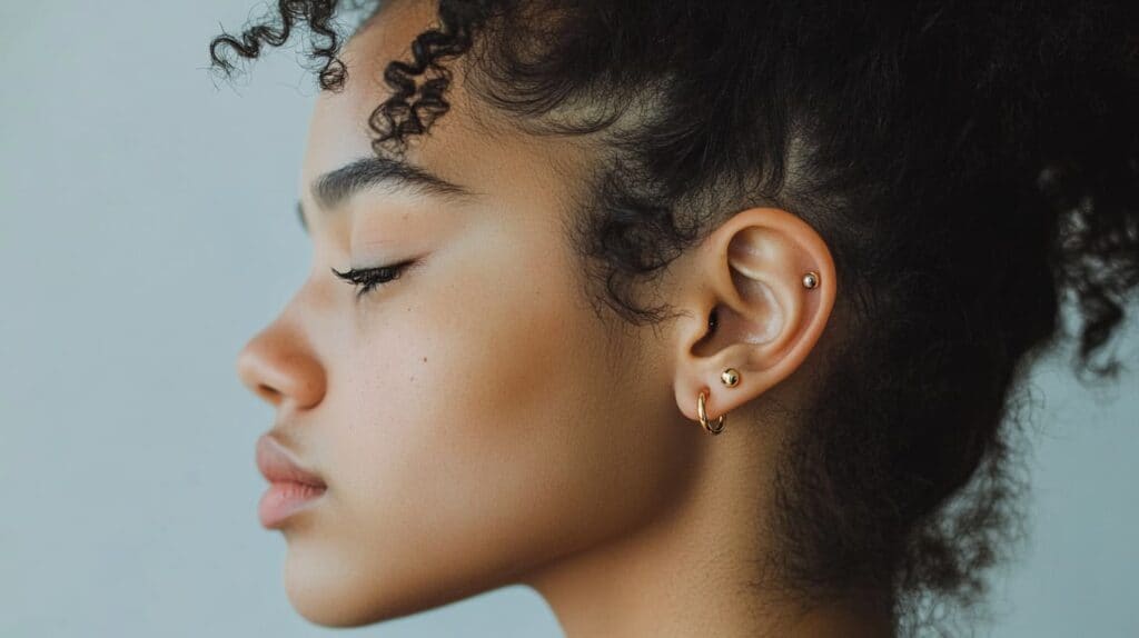 Close-up of multiple ear piercings featuring gold stud and small hoop earrings, highlighting a stylish and trendy look.