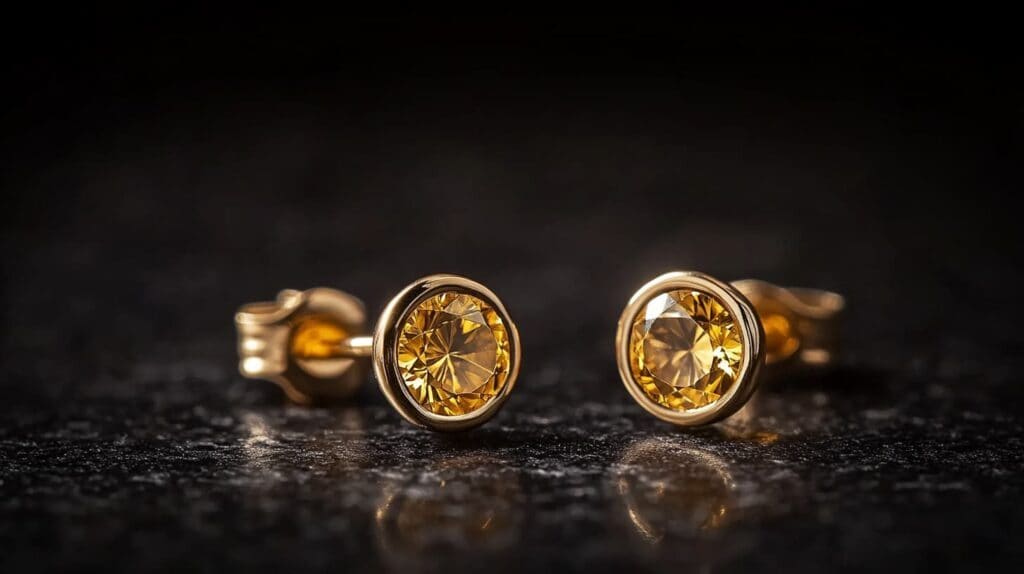A pair of gold stud earrings with a diamond-cut design, showcasing the warm luster and intricate craftsmanship of real gold jewelry.