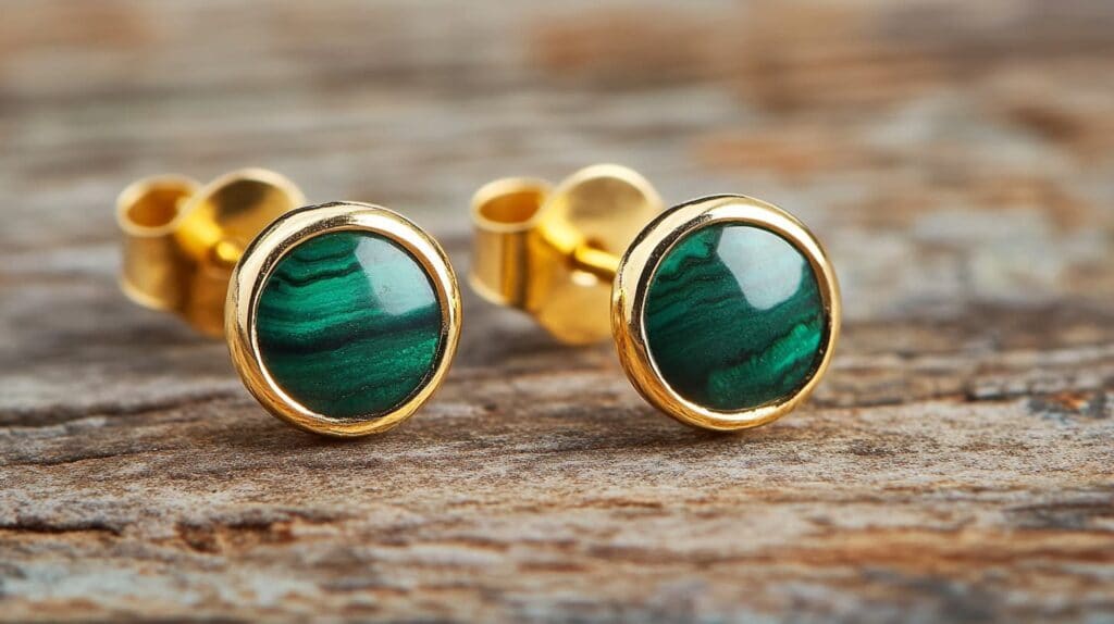Close-up of elegant gold stud earrings featuring polished malachite stones with vibrant green banding patterns, placed on a wooden surface.