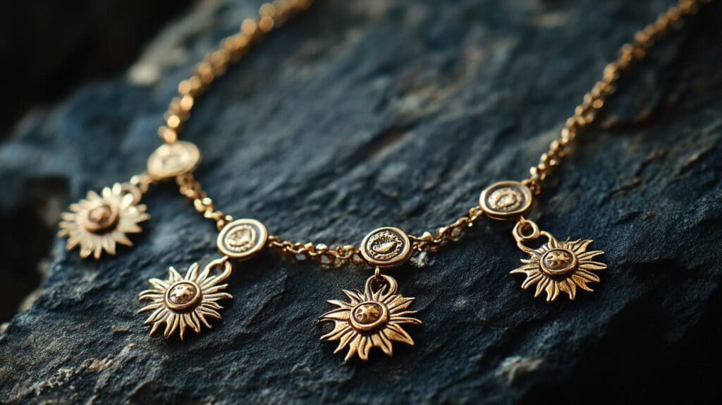 Gold charm necklace featuring multiple delicate sun designs with intricate detailing, perfect for a boho-chic style.