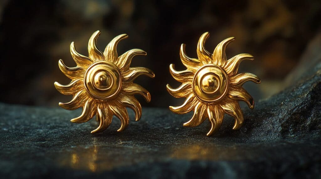 Pair of gold sun-shaped earrings with intricate detailing, showcasing bold sun rays in a striking design.