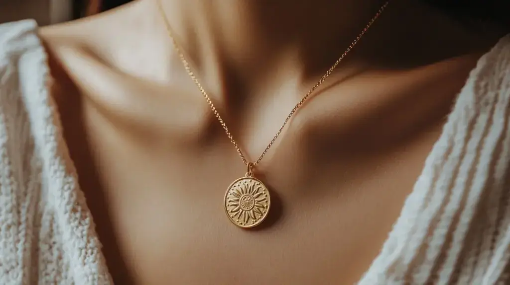 Gold sun medallion necklace with a simple yet elegant design, worn as a symbolic piece of sun jewelry.