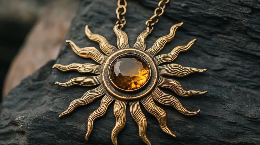 Gold sun pendant with an amber gemstone centerpiece, featuring radiant sunburst rays and intricate detailing.
