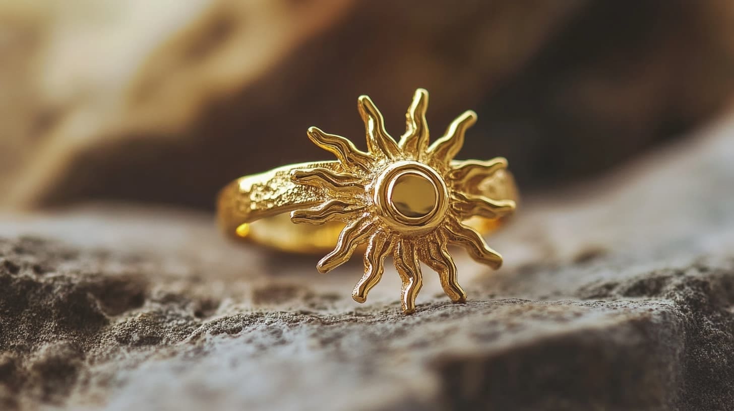 Gold ring with a radiant sun motif and bezel-set center on rough stone