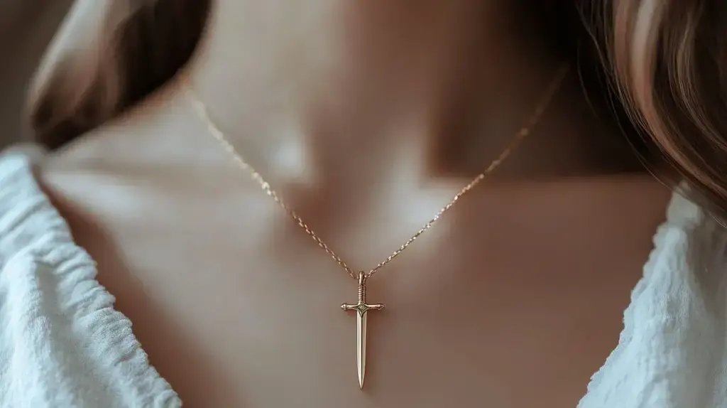 Close-up of a gold sword pendant necklace representing protection and inner strength in jewelry.
