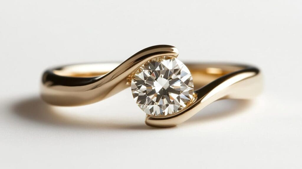 Gold tension-set diamond ring with a contemporary design, featuring a round-cut diamond elegantly suspended between the curved gold bands.