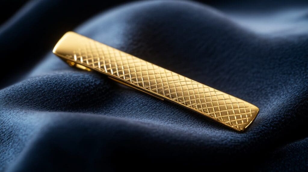 Gold tie bar with a crosshatched pattern resting on dark fabric, highlighting its elegant and refined design.
