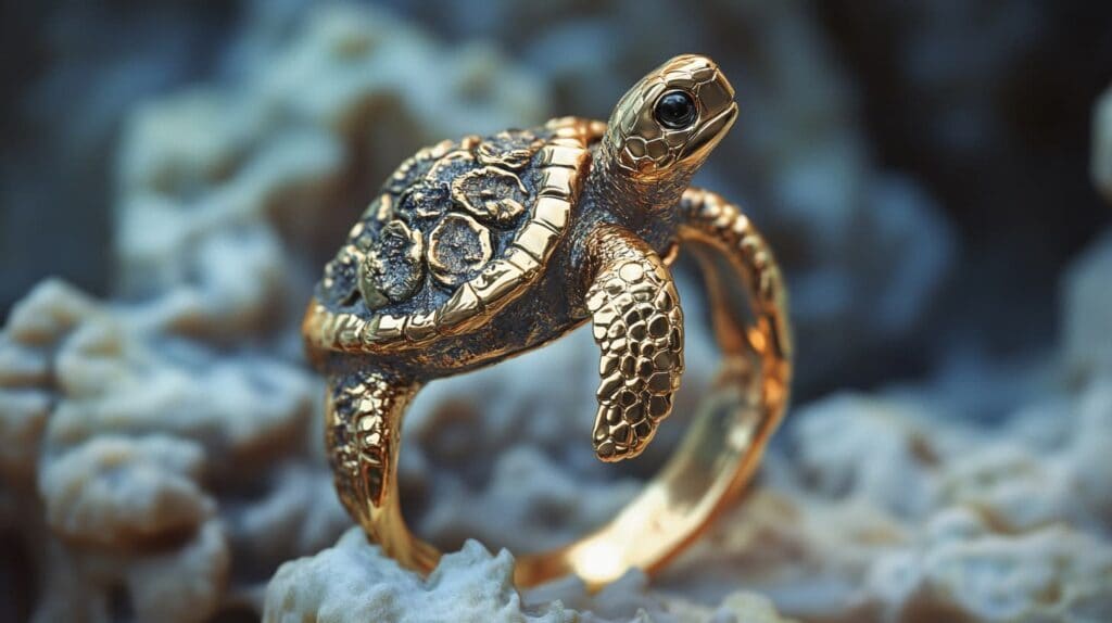 Close-up of a detailed gold turtle ring, symbolizing longevity, patience, and protection with intricate shell design.