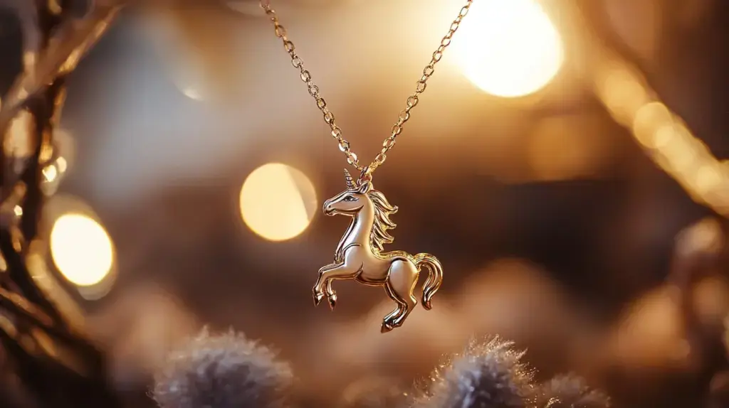 A golden unicorn pendant necklace illuminated by warm, soft lighting, symbolizing magic and elegance in jewelry design.