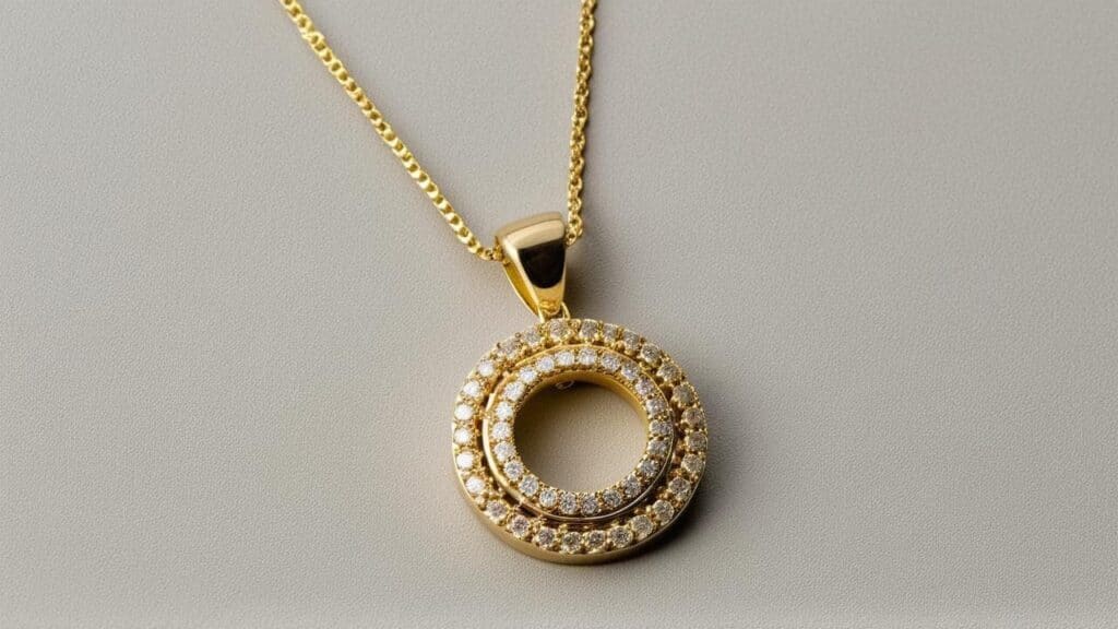 Gold vermeil circle pendant necklace with diamond accents on gold chain, example of demi-fine jewelry craftsmanship
