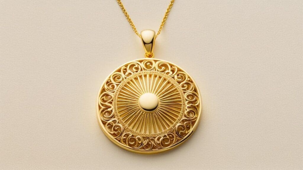 Elegant gold vermeil necklace featuring an intricate sunburst pendant design on a delicate chain.
