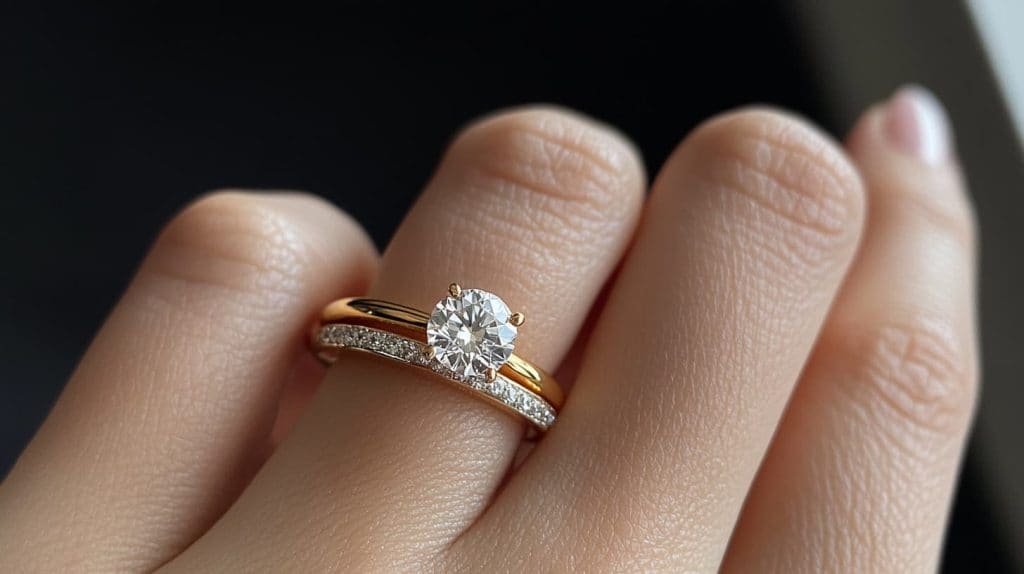 A gold wedding band stacked with a diamond solitaire engagement ring, worn on a hand to showcase the traditional wedding ring arrangement.