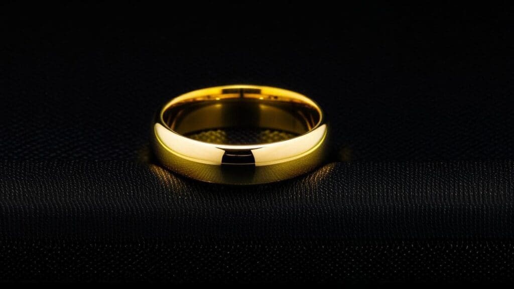 A classic gold wedding band with a smooth finish. Buyers should verify hallmark stamps to ensure accurate gold content.