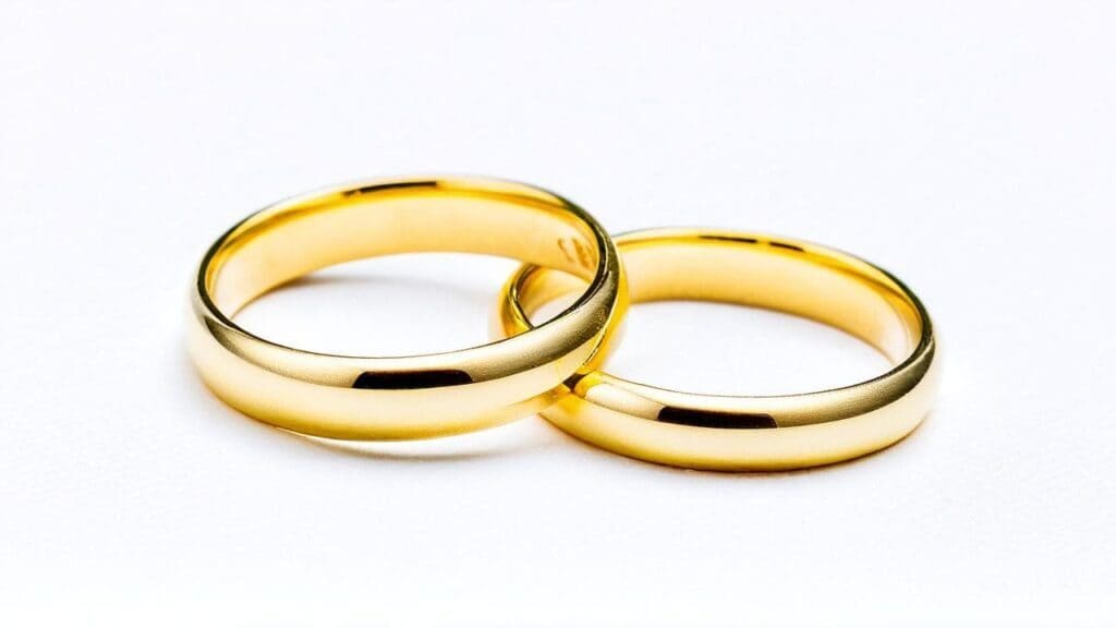 Pair of gold wedding rings representing eternal love, commitment, and unbroken unity