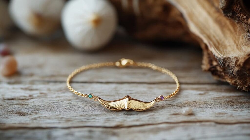 Gold whale tail bracelet featuring gemstones on a rustic wood surface