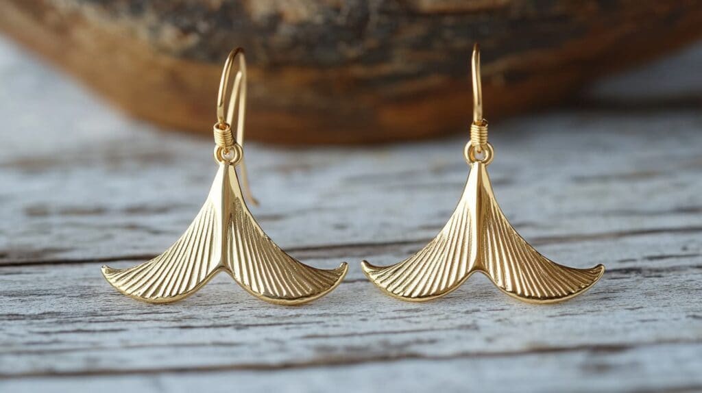 Gold whale tail earrings with intricate detailing on a natural wood background