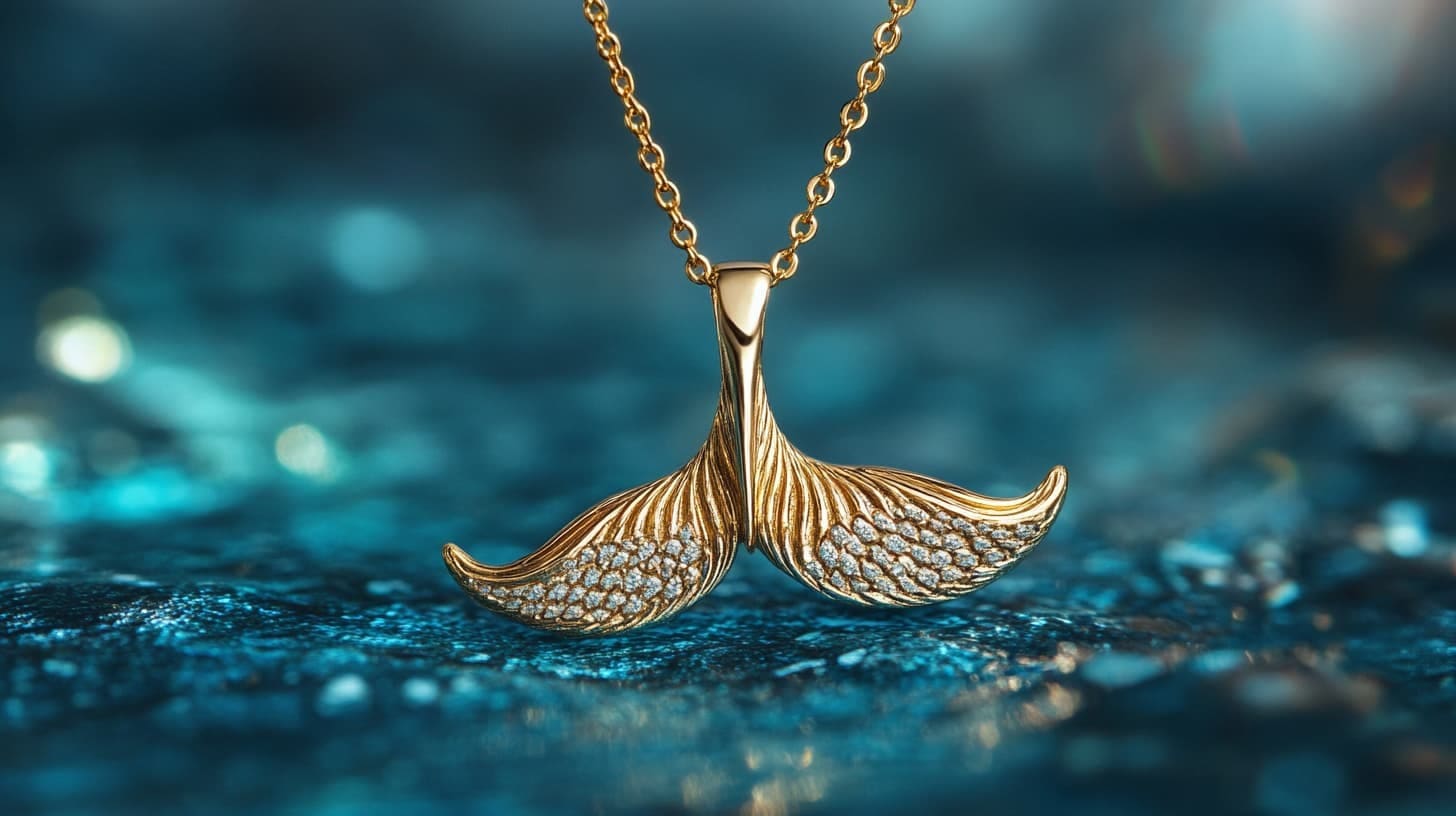 Gold whale tail pendant paved with diamonds against a deep blue background
