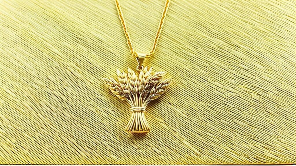 Gold wheat sheaf pendant necklace symbolizing Virgo's connection to harvest and attention to detail